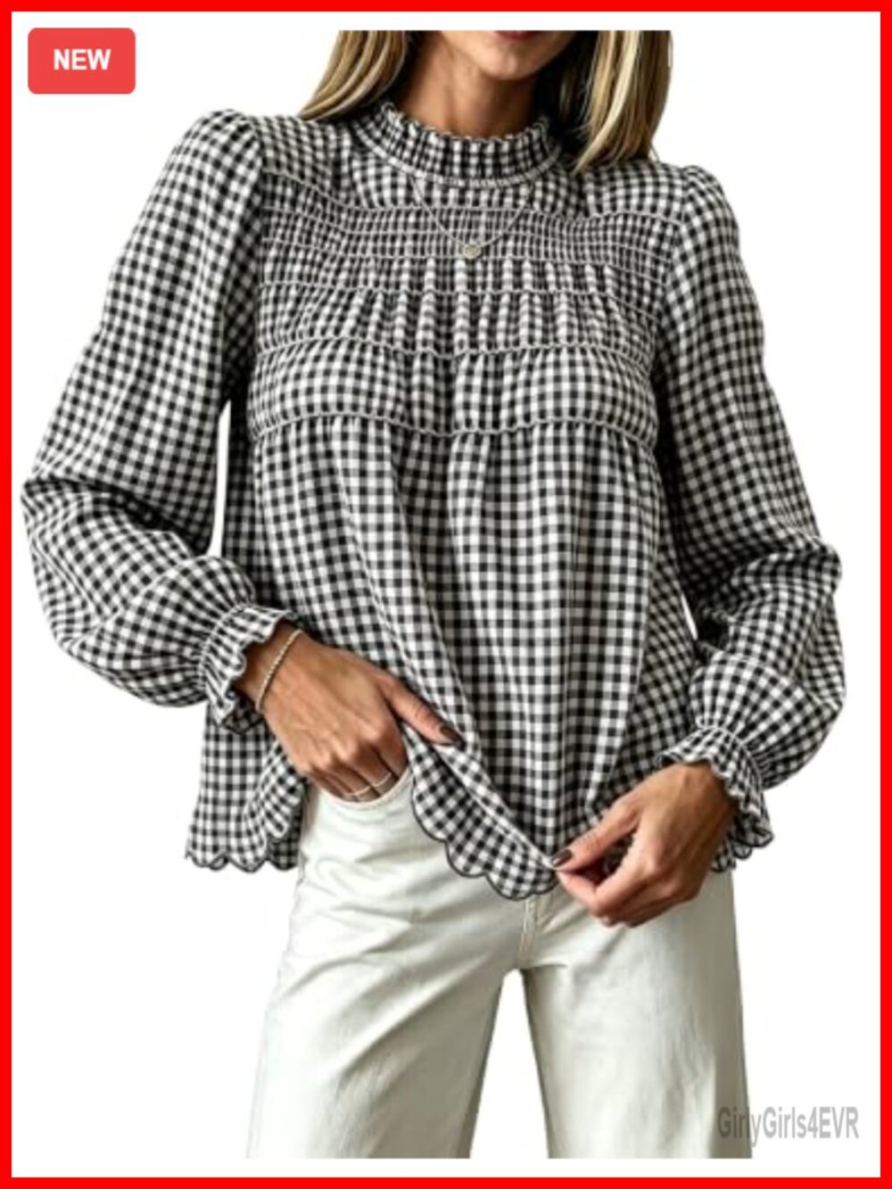 Smocked Gingham Blouse Long Sleeve Babydoll Top 100% Cotton